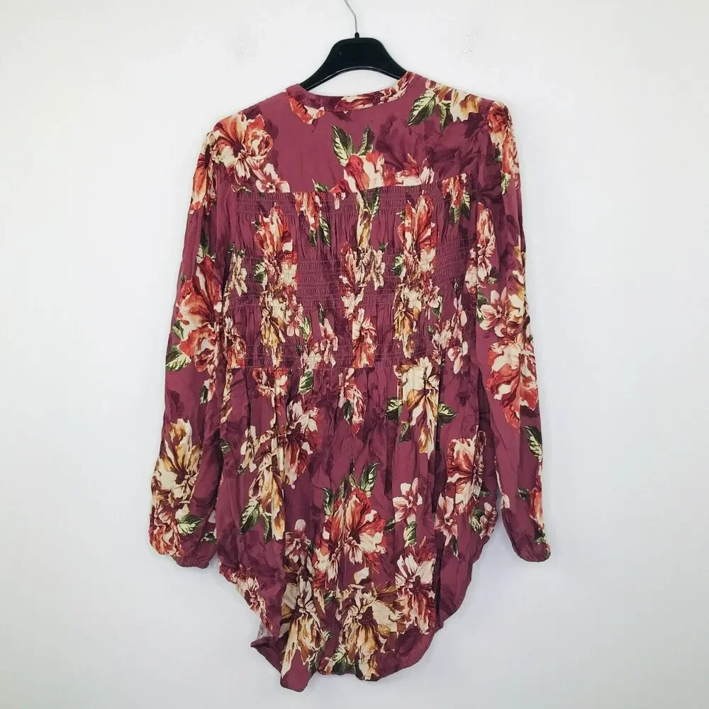 Torrid 0 (Large) Tunic Top Mauve Floral Babydoll Twill Smocked Button-Front CM25